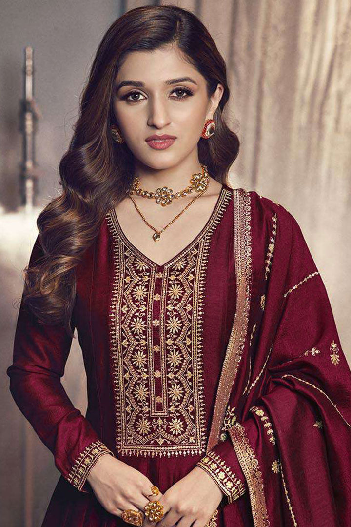 Nidhi Shah Maroon Color Art Silk Fabric Tempting Party Look Anarkali Suit