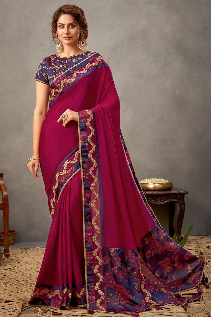 Rani Color Art Silk Fabric Border Work Function Wear Saree