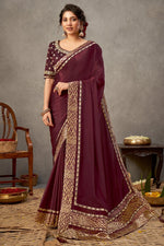 Load image into Gallery viewer, Art Silk Fabric Wine Color Sangeet Wear Designer Border Work Saree
