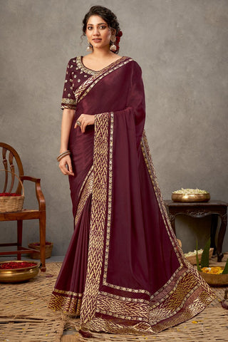 Art Silk Fabric Wine Color Sangeet Wear Designer Border Work Saree