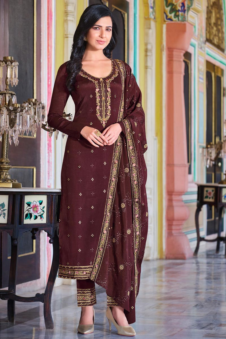 Maroon Color Festival Look Intricate Chinon Fabric Salwar Suit