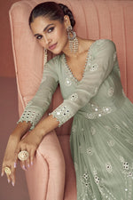 Load image into Gallery viewer, Vartika Singh Georgette Fabric Sea Green Color Soothing Palazzo Suit
