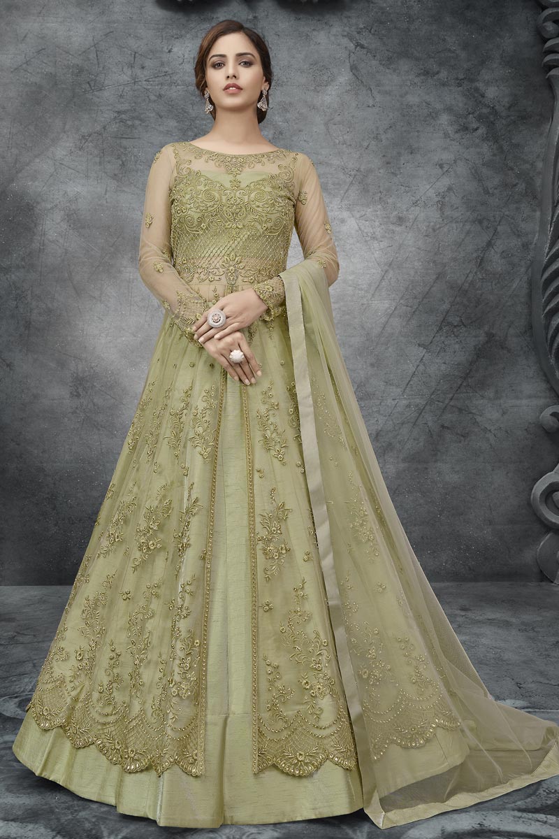 Net Fabric Embroidery Work Wedding Wear Designer Anarkali Suit In Sea Green Color