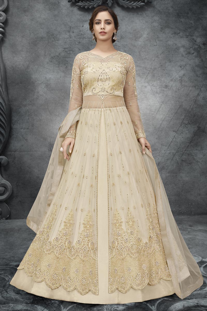 Beige Color Net Fabric Embroidery Work Sangeet Wear Anarkali Suit