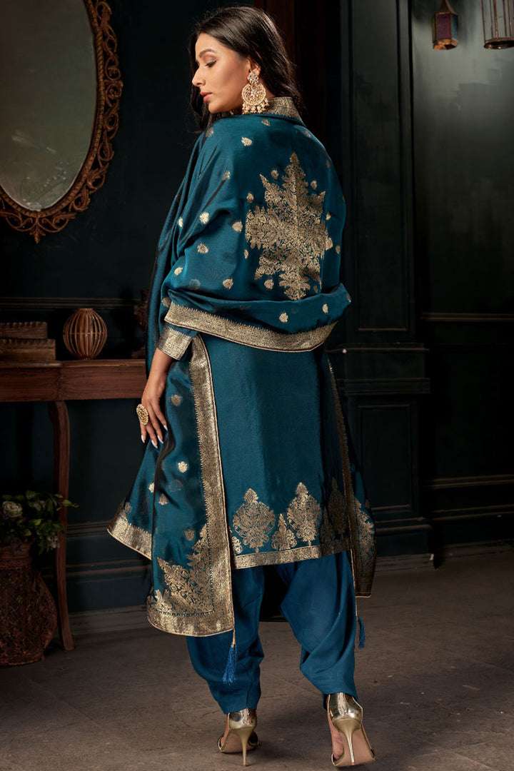 Dazzling Teal Color Weaving Designs Patiala Suit In Art Silk Fabric