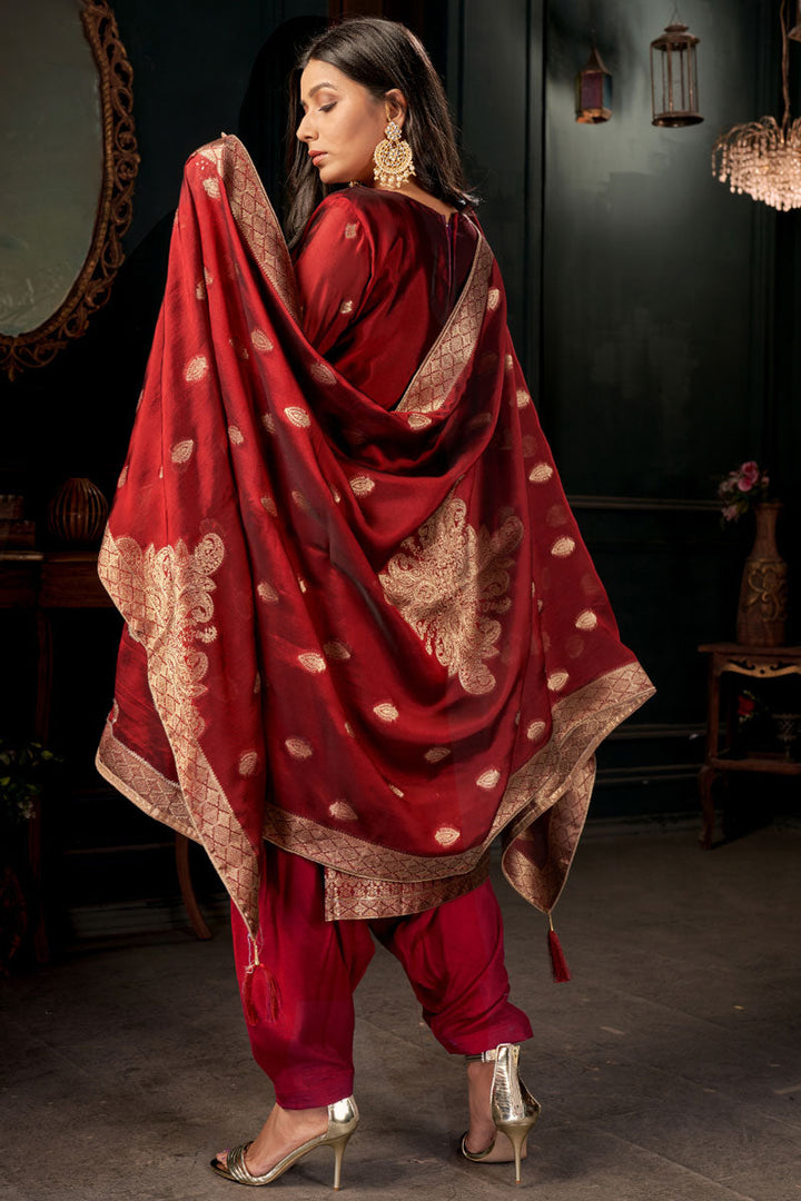 Stunning Art Silk Fabric Weaving Designs Patiala Suit In Red Color