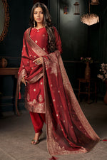 Load image into Gallery viewer, Stunning Art Silk Fabric Weaving Designs Patiala Suit In Red Color
