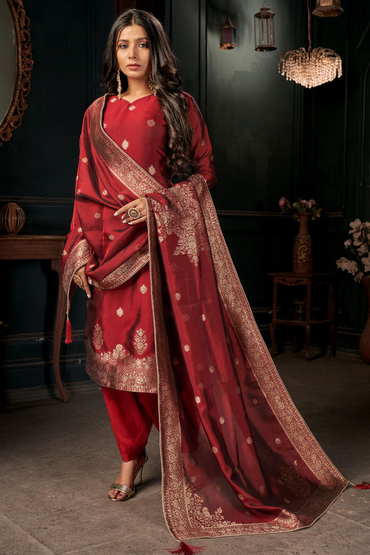 Stunning Art Silk Fabric Weaving Designs Patiala Suit In Red Color
