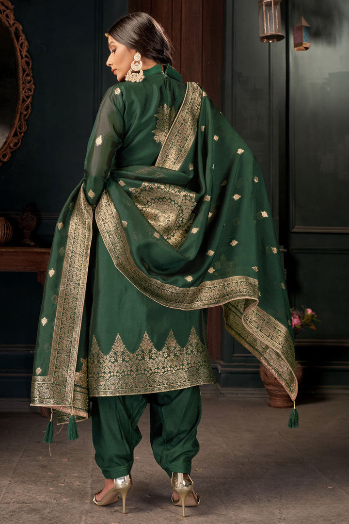 Green Color On Art Silk Fabric Beatific Weaving Designs Patiala Suit