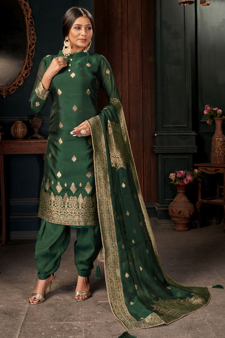 Green Color On Art Silk Fabric Beatific Weaving Designs Patiala Suit