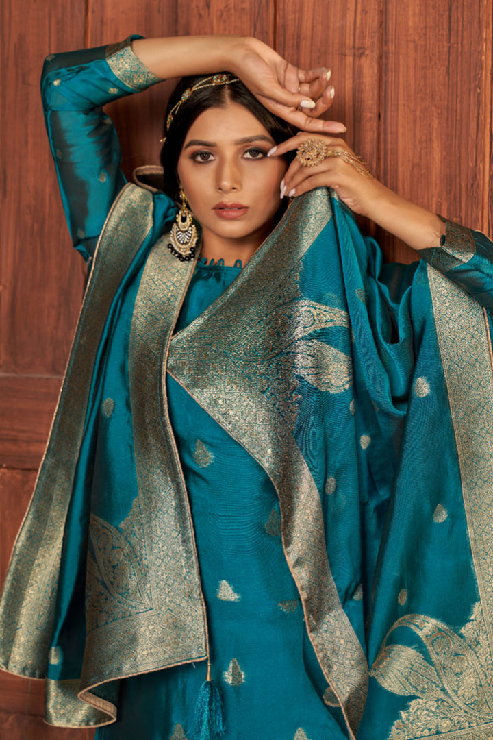Incredible Art Silk Fabric Cyan Color Weaving Designs Patiala Suit