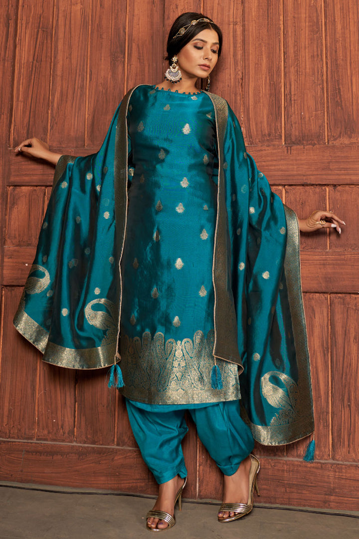 Incredible Art Silk Fabric Cyan Color Weaving Designs Patiala Suit