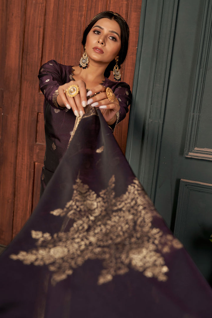 Tempting Art Silk Fabric Wine Color Weaving Designs Patiala Suit