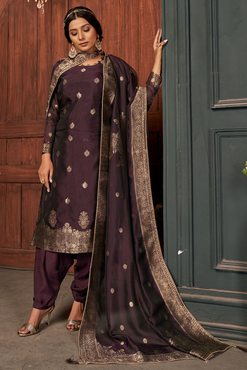 Tempting Art Silk Fabric Wine Color Weaving Designs Patiala Suit