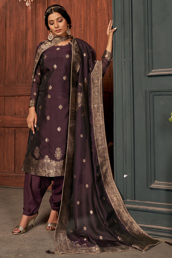 Tempting Art Silk Fabric Wine Color Weaving Designs Patiala Suit