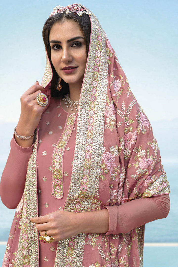 Pink Color Georgette Fabric Lovely Embroidered Salwar Suit