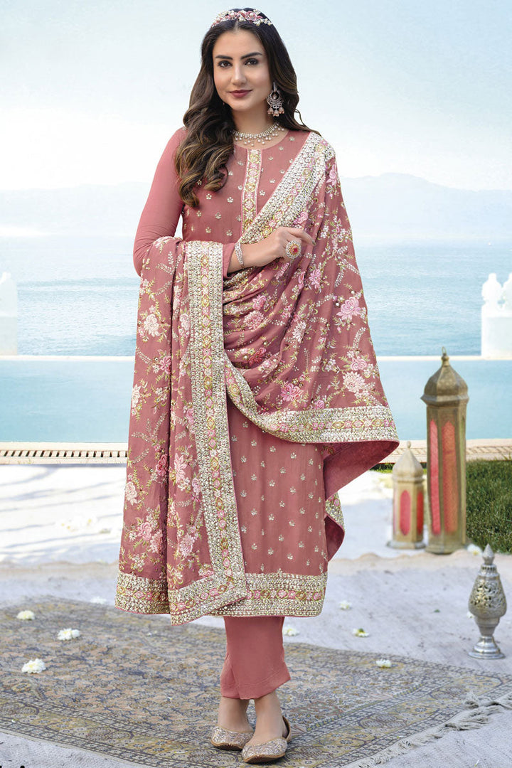 Pink Color Georgette Fabric Lovely Embroidered Salwar Suit