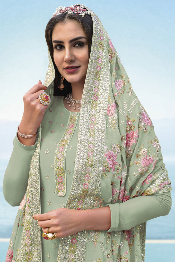 Georgette Fabric Sea Green Color Phenomenal Embroidered Salwar Suit