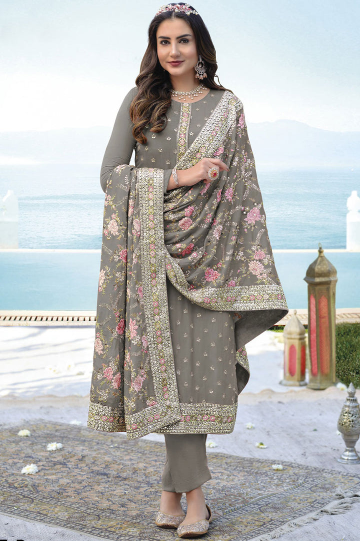 Radiant Grey Color Georgette Fabric Embroidered Salwar Suit