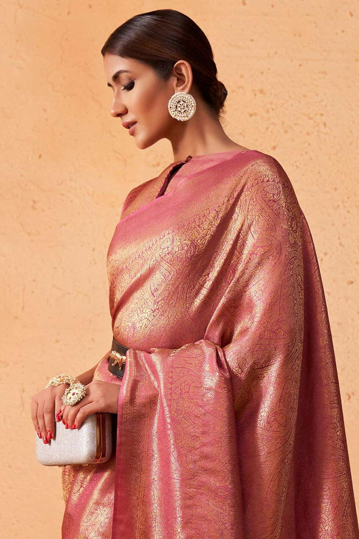 Pink Color Weaving Work On Beatific Kanjivaram Silk Saree