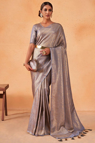 Incredible Weaving Work On Grey Color Kanjivaram Silk Saree