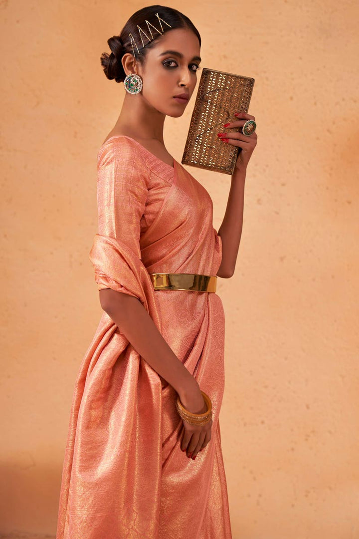 Tempting Peach Color Kanjivaram Silk Saree with Weaving Work