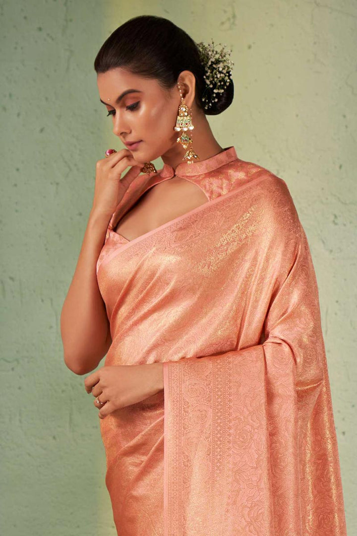 Engaging Kanjivaram Silk Peach Color Saree With Weaving Work