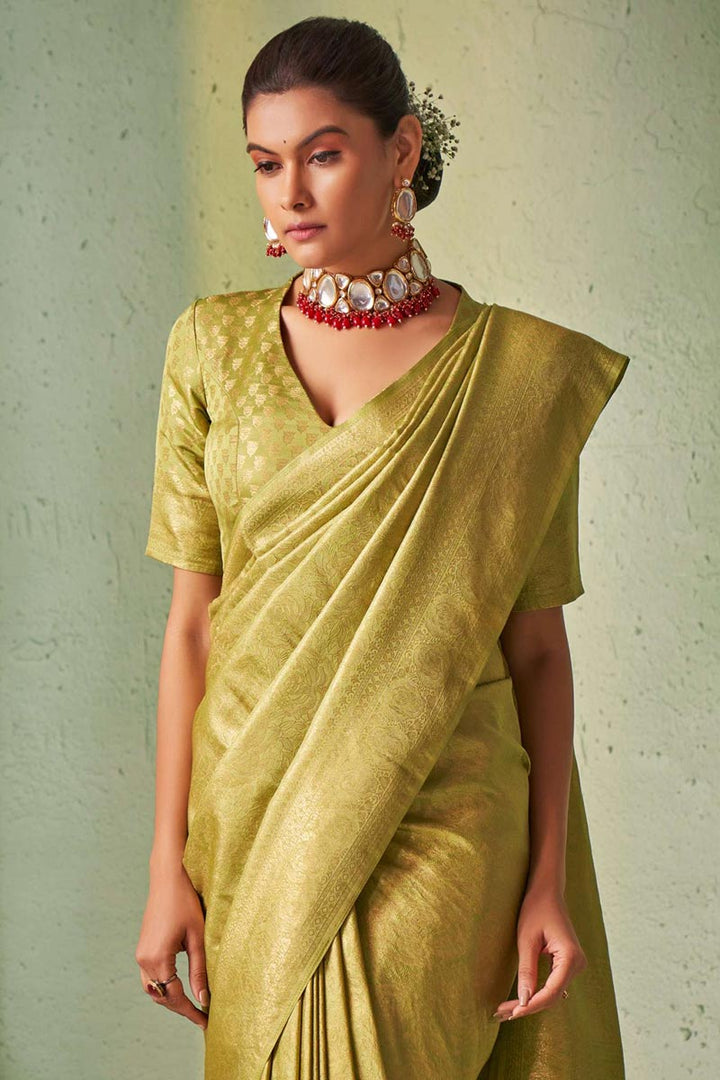 Classic Weaving Work On Olive Color Kanjivaram Silk Saree