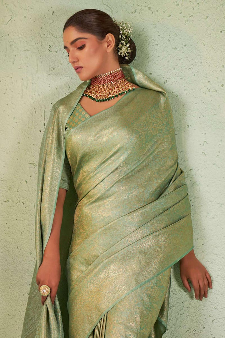 Sea Green Color Kanjivaram Silk Saree With Winsome Weaving Work