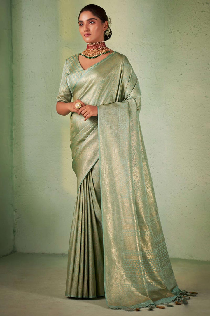 Sea Green Color Kanjivaram Silk Saree With Winsome Weaving Work