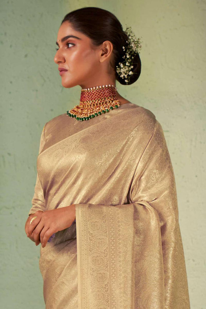 Creative Weaving Work On Kanjivaram Silk Saree In Beige Color