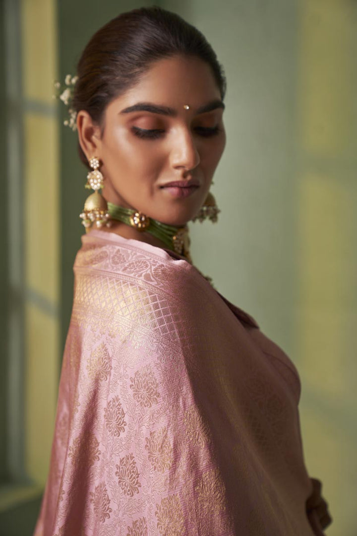 Marvellous Weaving Work On Kanjivaram Silk Pink Color Saree