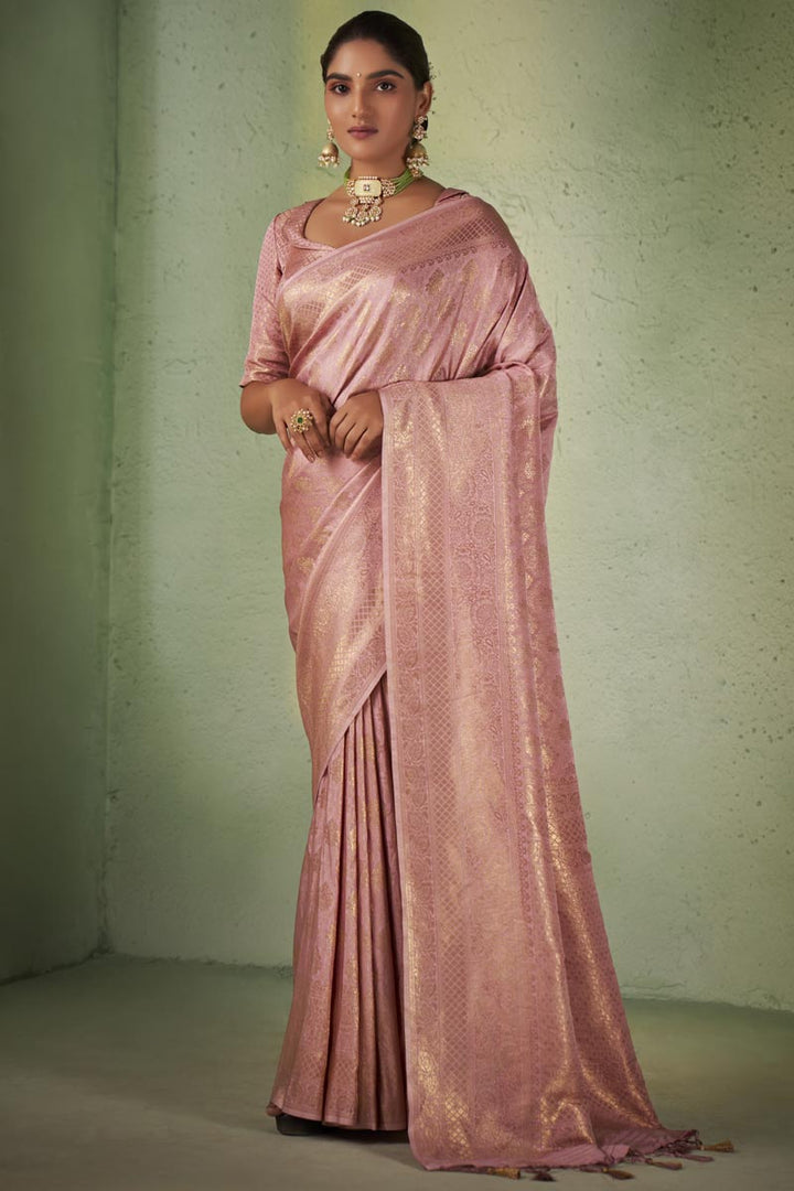 Marvellous Weaving Work On Kanjivaram Silk Pink Color Saree