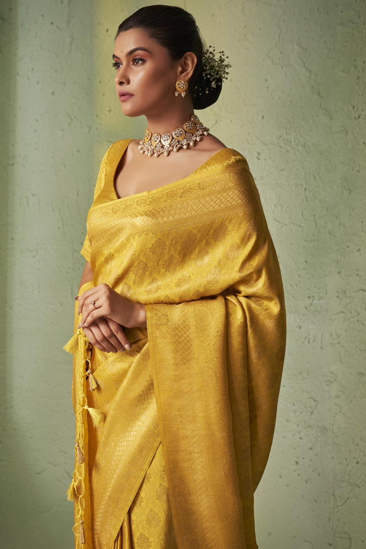 Amazing Yellow Color Kanjivaram Silk Saree with Weaving Work