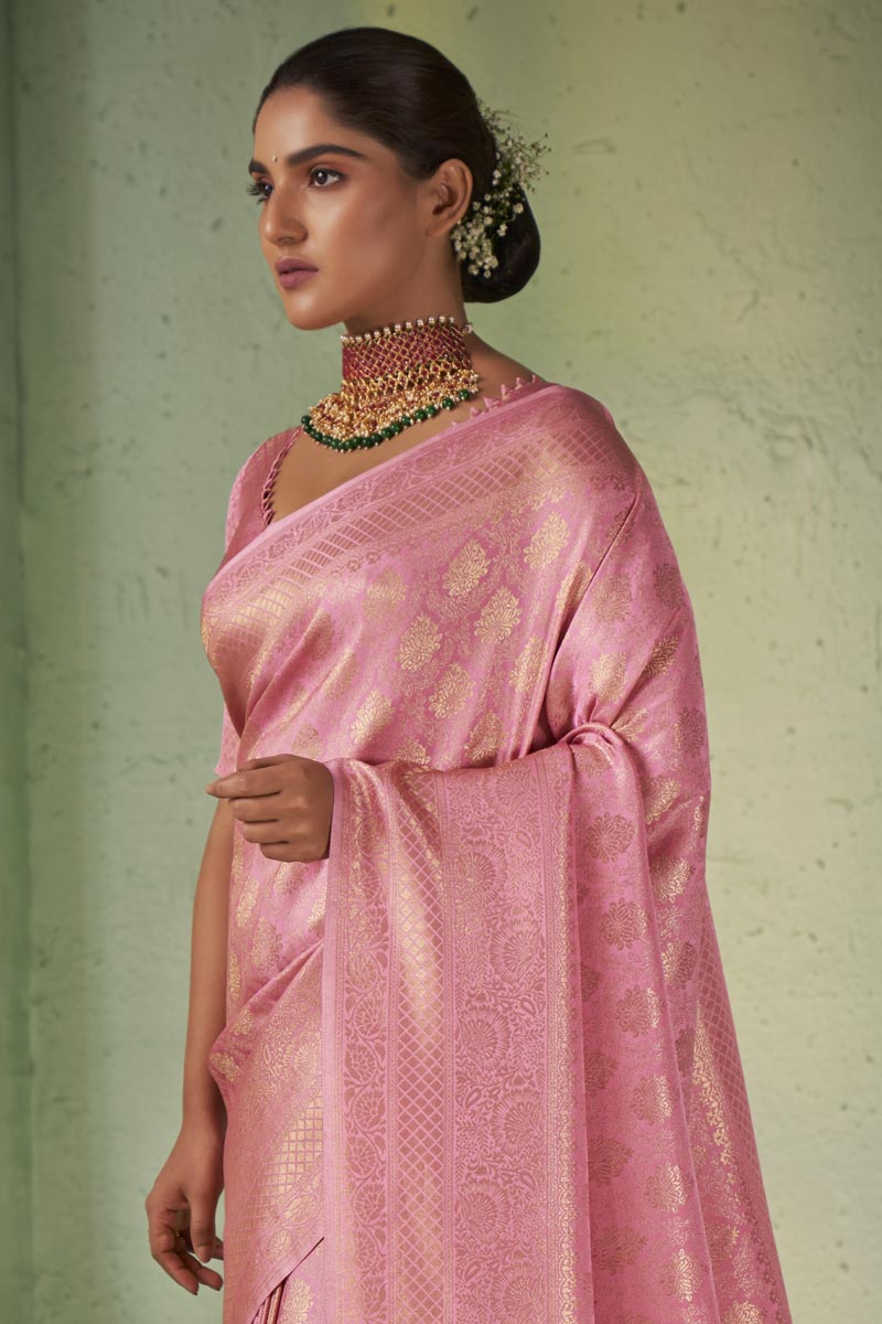 Dazzling Pink Color Weaving Work Kanjivaram Silk Saree