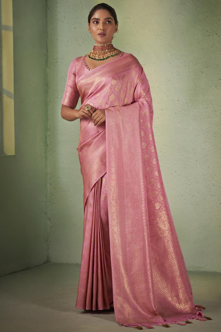 Dazzling Pink Color Weaving Work Kanjivaram Silk Saree