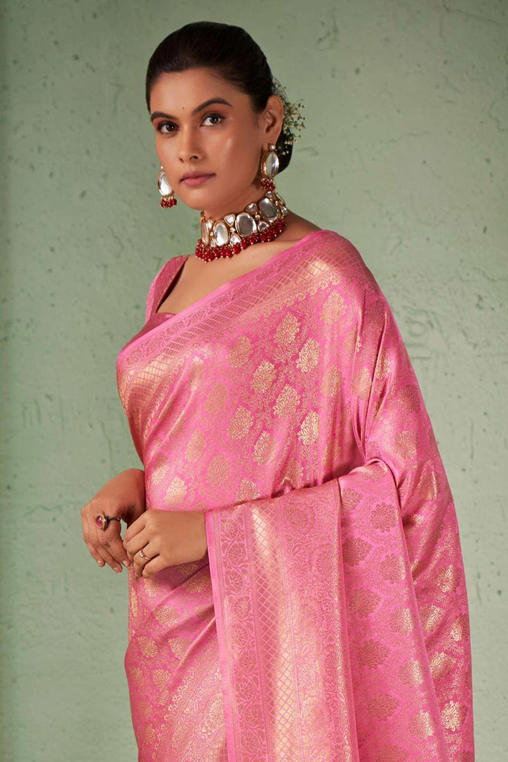 Weaving Work Pink Color Entrancing Kanjivaram Silk Saree