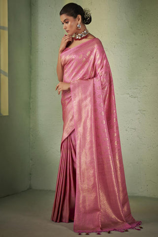 Weaving Work Pink Color Entrancing Kanjivaram Silk Saree