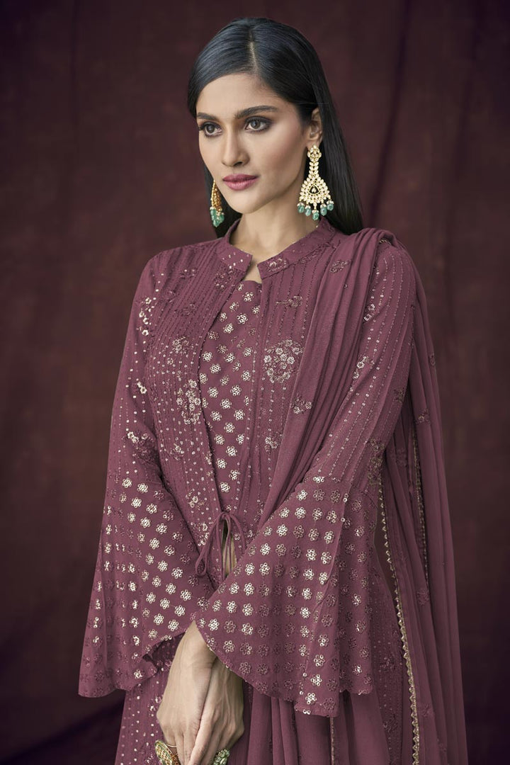 Wine Color Graceful Georgette Fabric Attractive Anarkali Suit With Embroidered Work