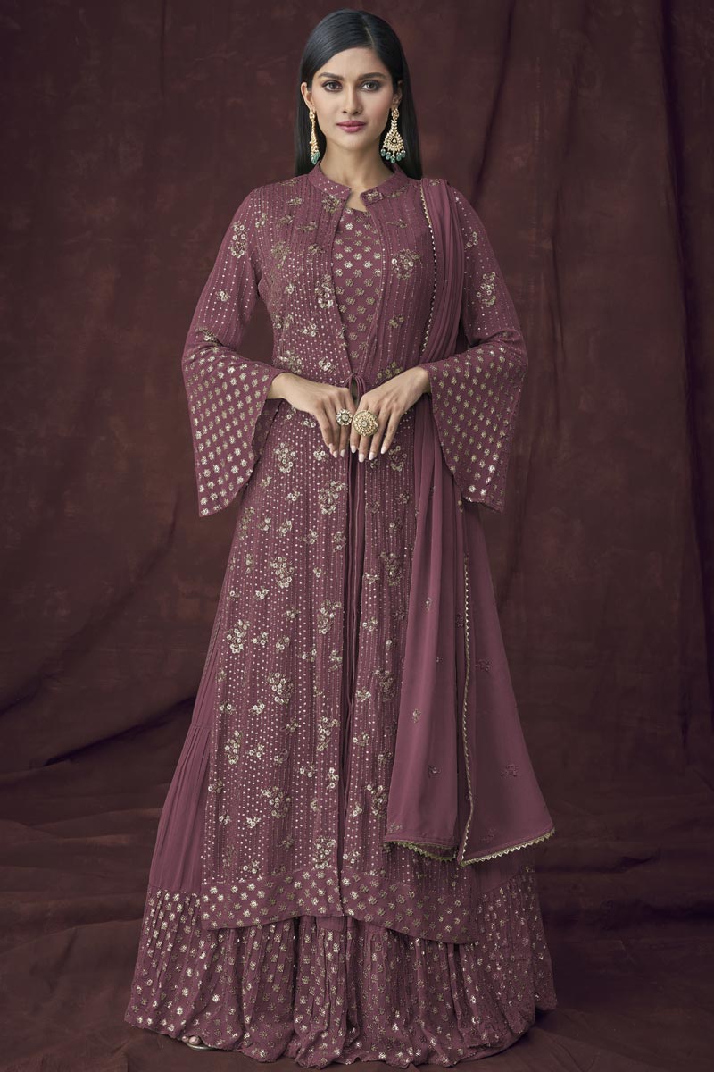 Wine Color Graceful Georgette Fabric Attractive Anarkali Suit With Embroidered Work