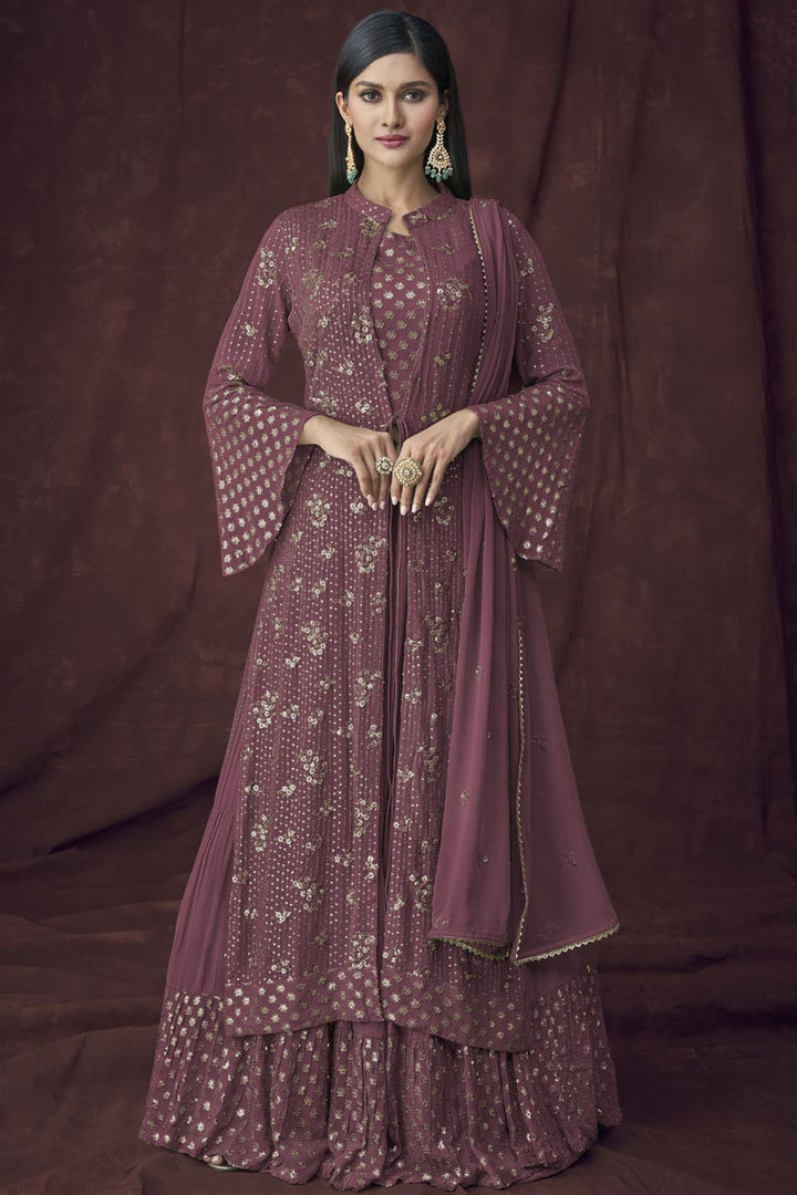 Wine Color Graceful Georgette Fabric Attractive Anarkali Suit With Embroidered Work