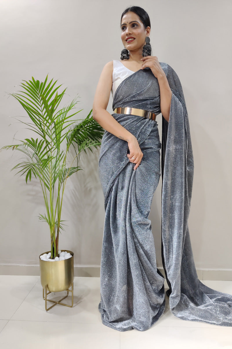 Grey Color Fancy Fabric Adorming Party Look Ready to Wear Saree