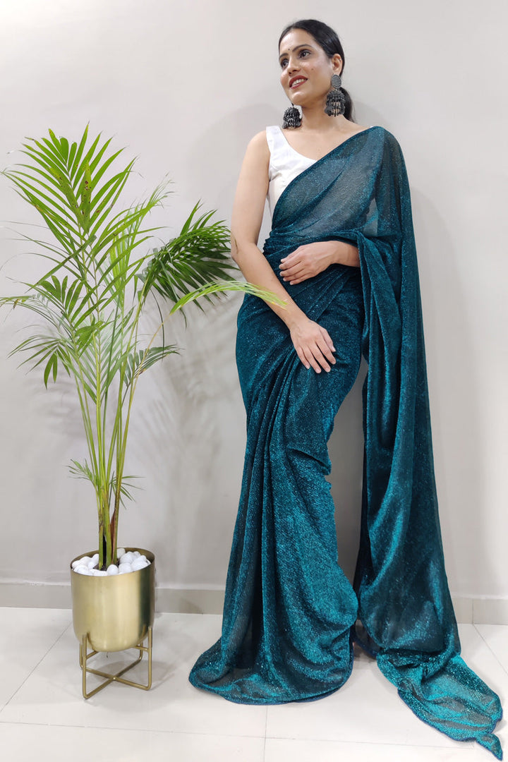 Fancy Fabric Party Look Mesmeric Teal Color Ready to Wear Saree