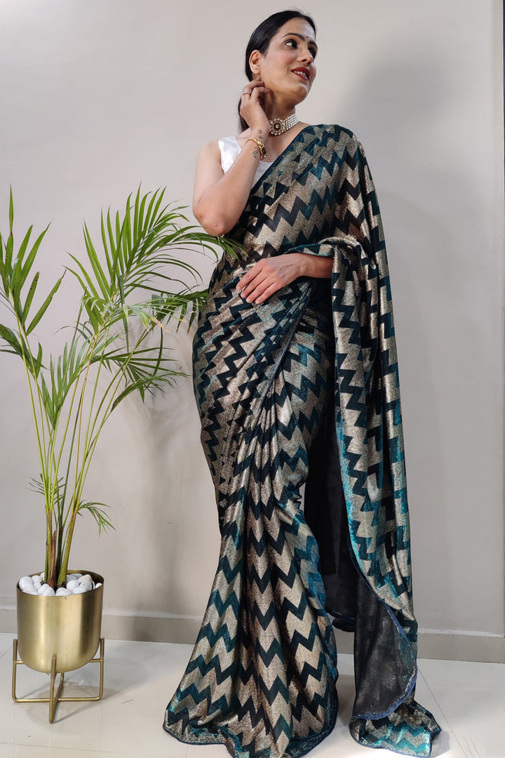 Fancy Fabric Teal Color Supreme Foil Printed Ready to Wear Saree