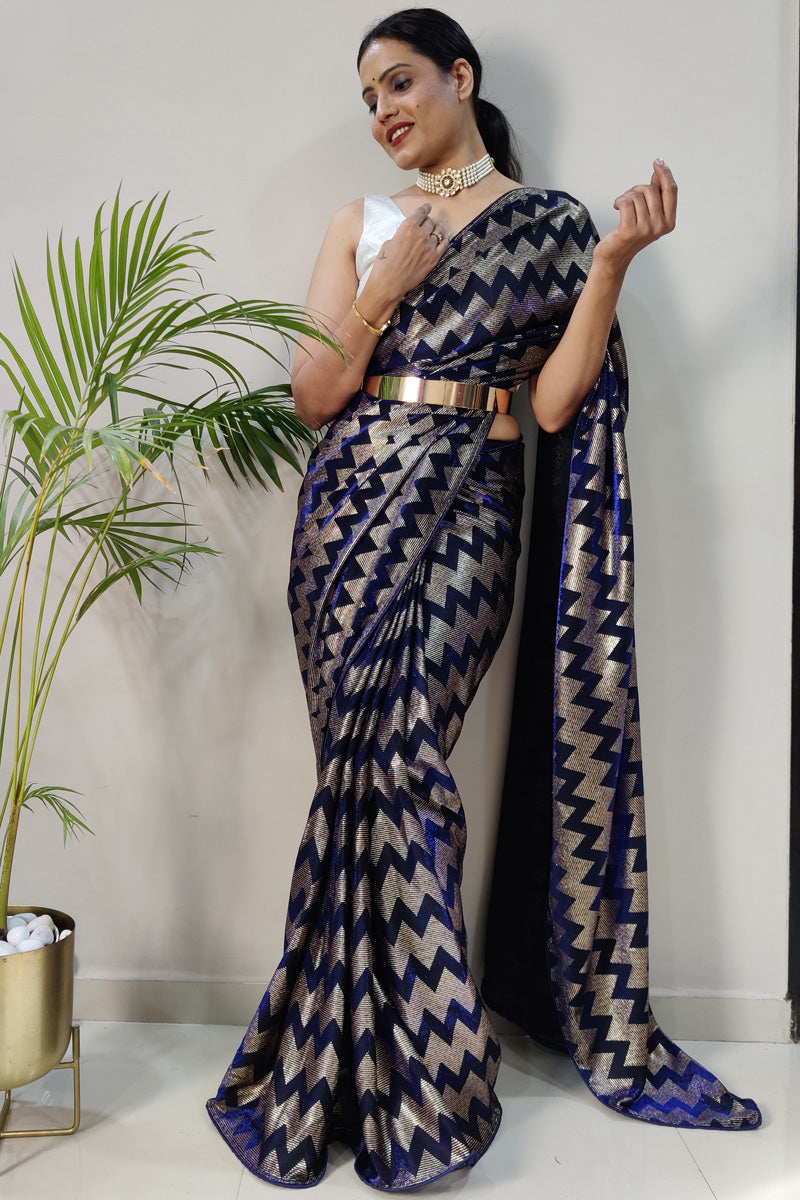 Excellent Fancy Fabric Blue Color Foil Printed Ready to Wear Saree