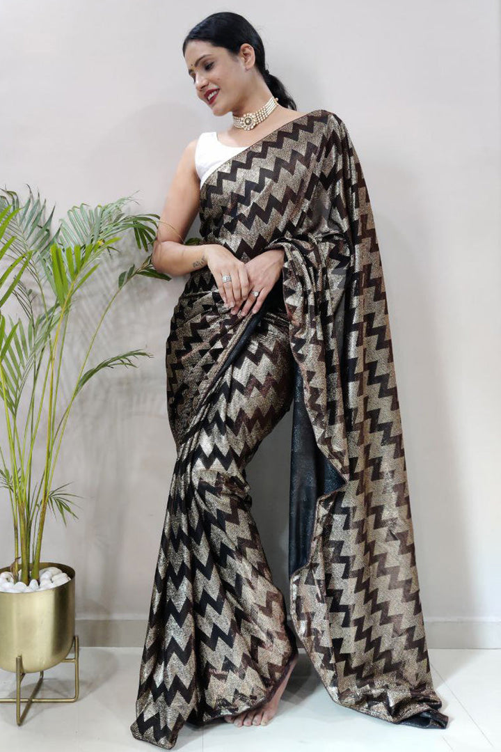 Brown Color Fancy Fabric Elegant Foil Printed Ready to Wear Saree