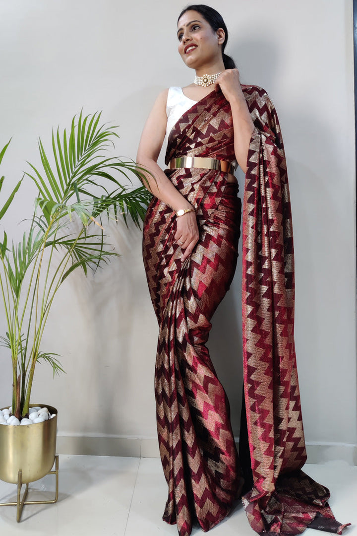 Maroon Color Fancy Fabric Tempting Foil Printed Ready to Wear Saree