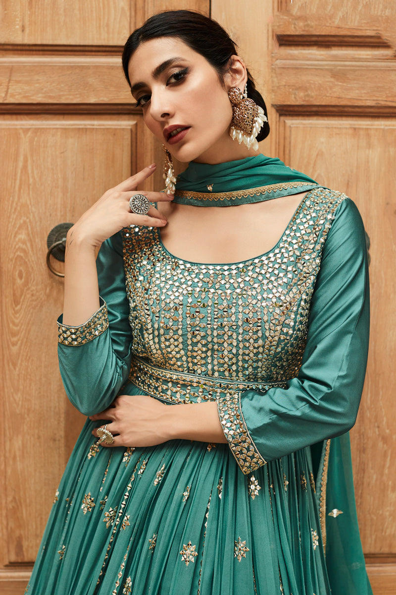 Sangeet Wear Sea Green Color Graceful Georgette Anarkali Suit