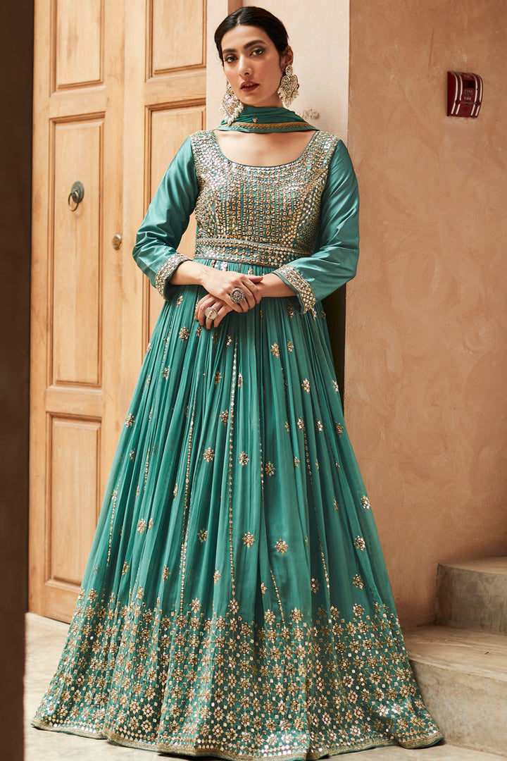 Sangeet Wear Sea Green Color Graceful Georgette Anarkali Suit