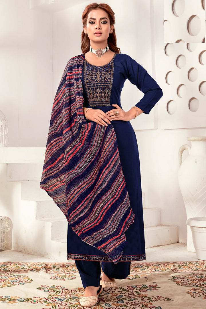Engaging Navy Blue Color Rayon Fabric Casual Look Salwar Suit